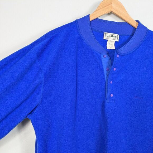 Vintage LL Bean Fleece Henley Shirts L  Blue Green Sweatshirts Qty 2 Snap 90s - Picture 3 of 10
